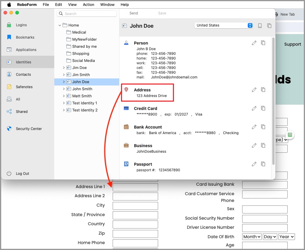 showing how to drag and drop information from an Identity in the RoboForm editor into a form.