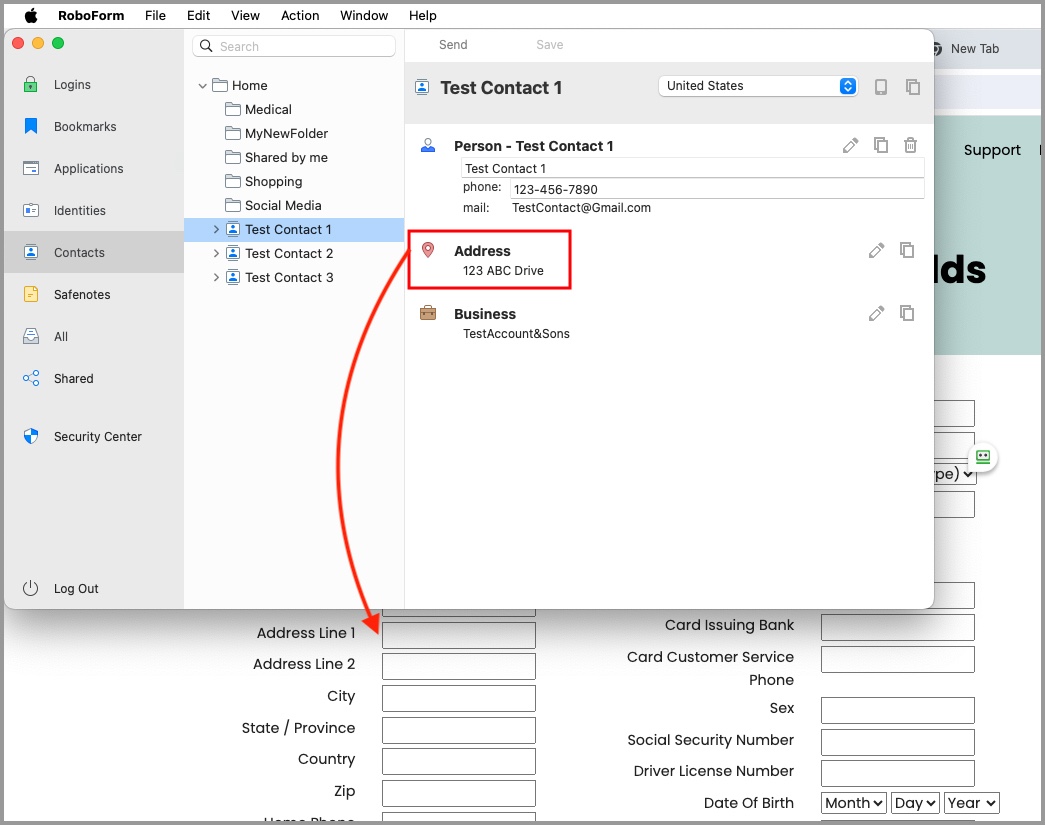 showing how to drag and drop information from a Contact into a form.