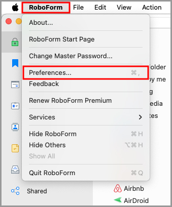 showing how to access Preferences from the RoboForm menu in the RoboForm editor.