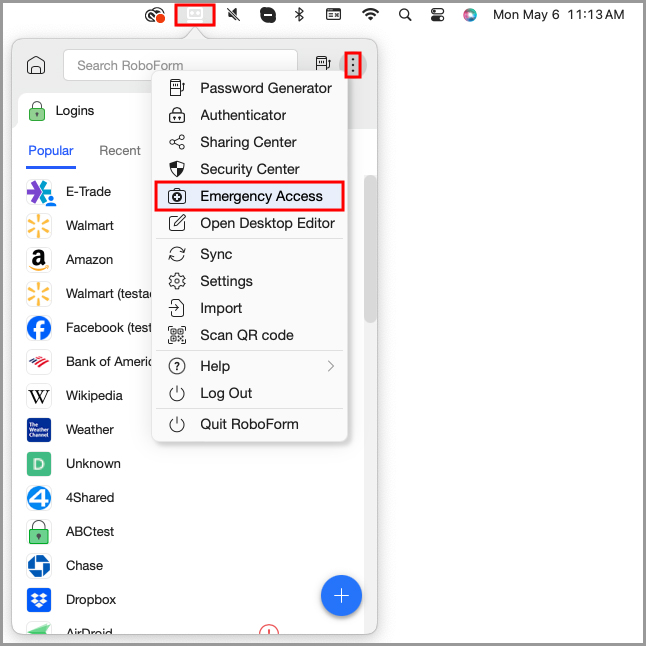 showing how to navigate to Emergency Access from the RoboForm menu bar icon or extension.