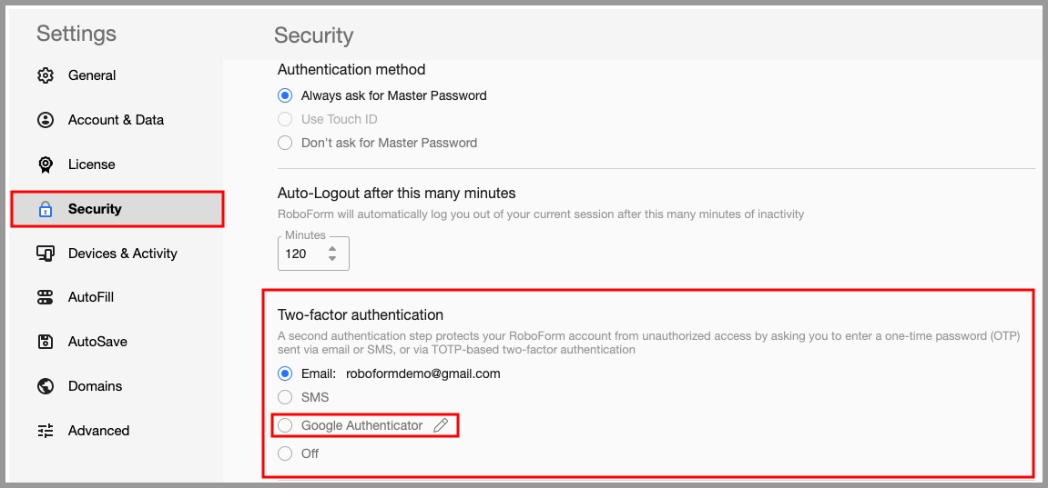 the Security tab in the RoboForm extension’s settings.