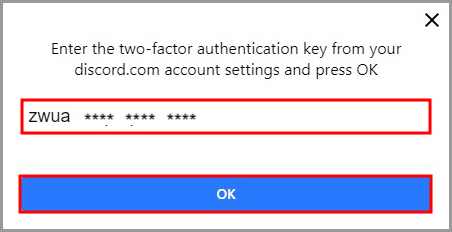 the prompt to enter the two factor authentication key.