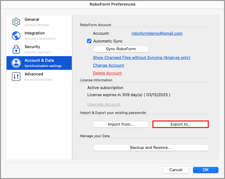 the Export button in the Account & Data tab on the RoboForm Preferences page.