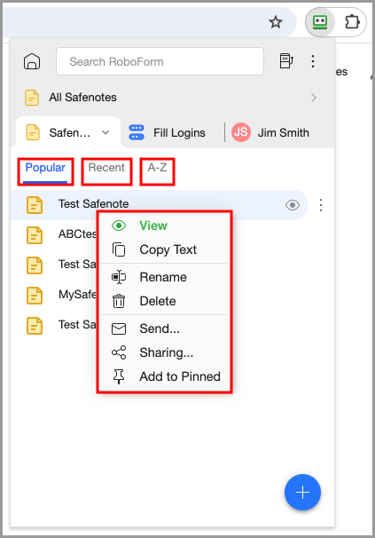 Showing filters and options for Safenotes in the RoboForm extension.