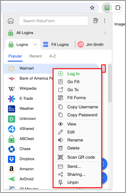 The available options for an item in the RoboForm extension.