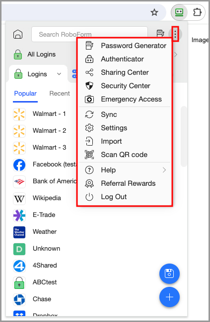 The 3 dots menu in the RoboForm extension.