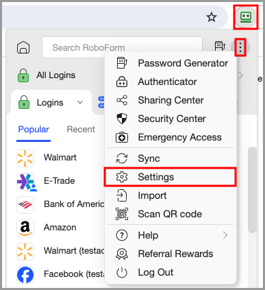 showing how to access the settings page from the RoboForm extension.