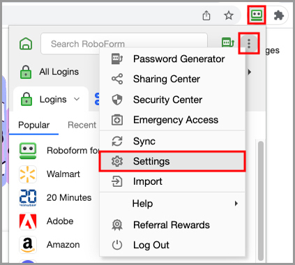 Settings menu in RoboForm extension.