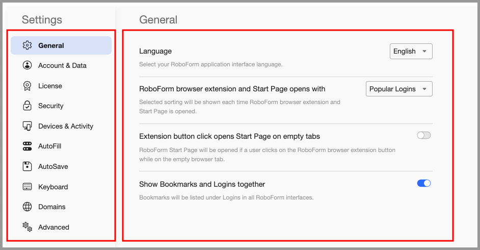 showing the layout of the Settings window.