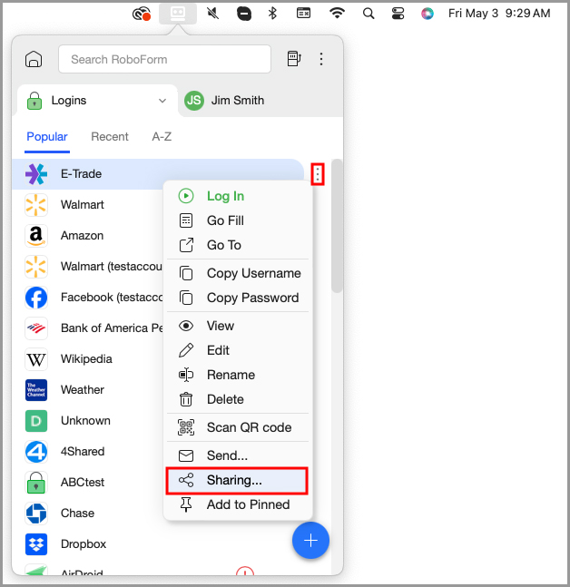 showing how to share an item from the RoboForm menu bar icon or extension.