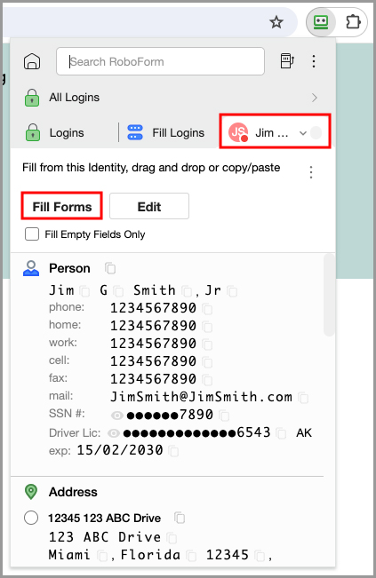 Fill forms button in the RoboForm extension.