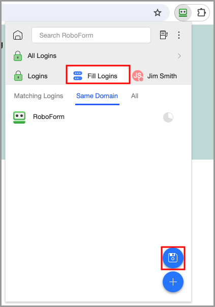 Fill Logins tab in the RoboForm extension.