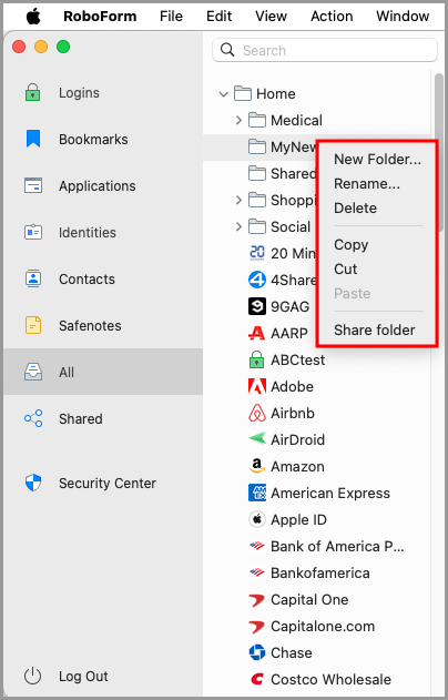 the available options for a folder in the RoboForm editor.