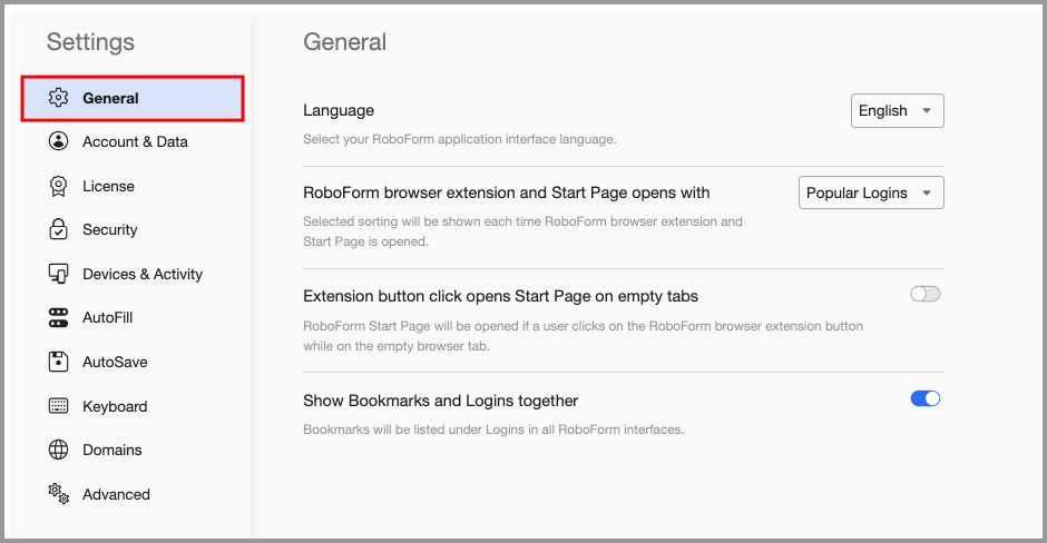 the General tab in the RoboForm Extension Settings menu.