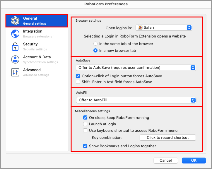 showing the General tab on the RoboForm Preferences page.