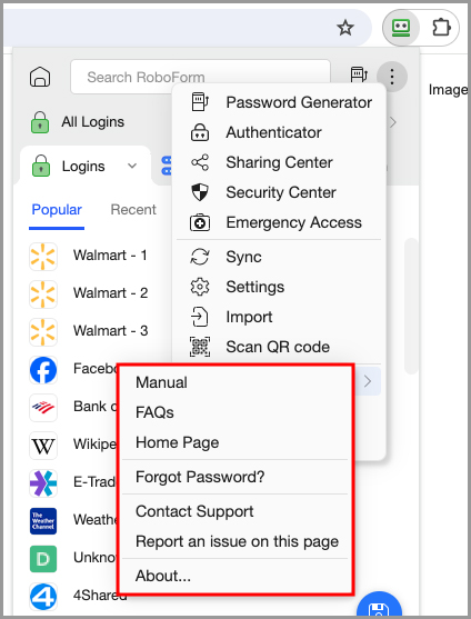 The help menu in the RoboForm extension.