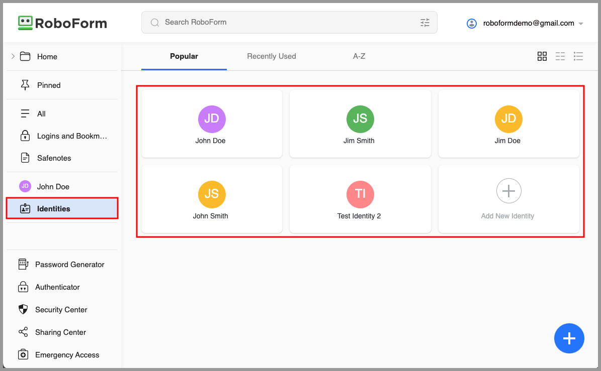 the Identities tab on the RoboForm Start Page.