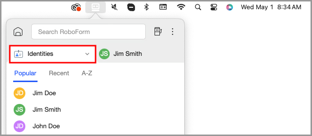 the Identities tab in the RoboForm menu bar icon.