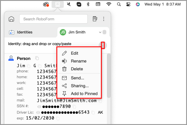 the available options in the Identities tab in the RoboForm menu bar icon.