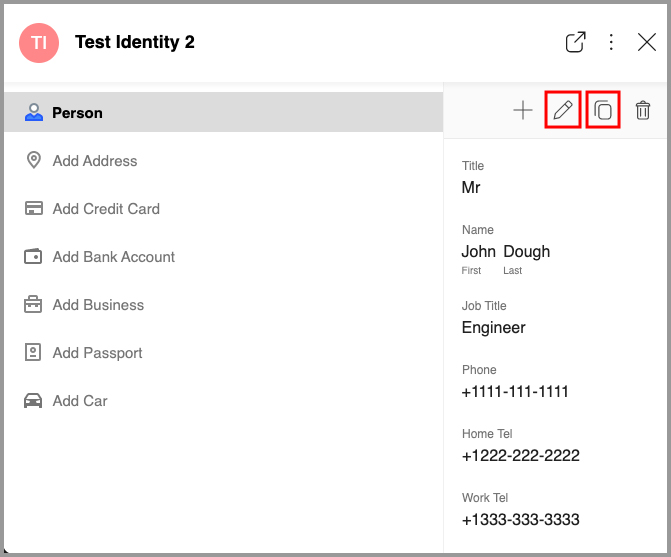 the edit and copy buttons on an Identity Element on the RoboForm Start Page.