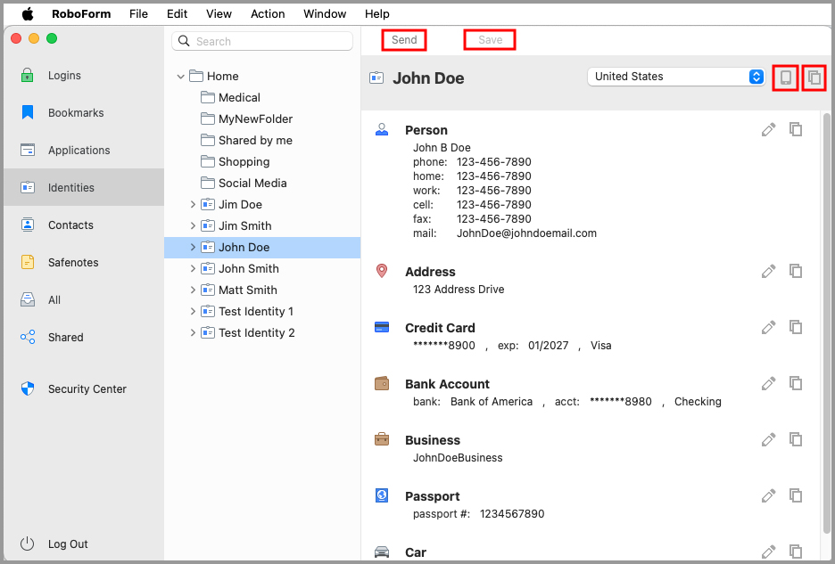 options for an Identity in the RoboForm editor.