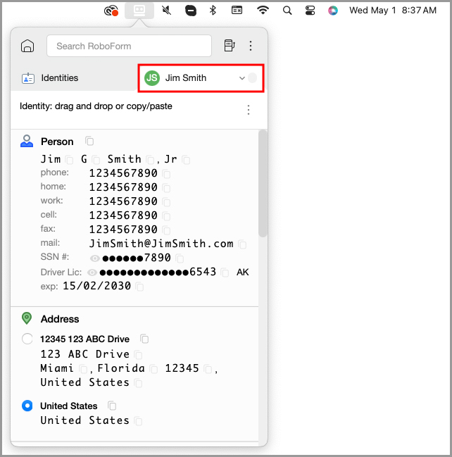 the detailed Identities tab in the RoboForm menu bar icon.