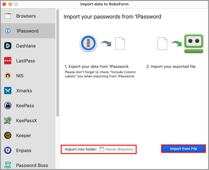 showing the Import dialog in RoboForm Preferences.