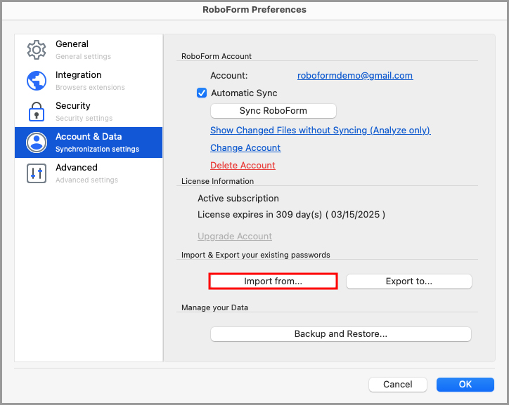 showing the Import from button in the Account & Data tab in RoboForm Preferences.