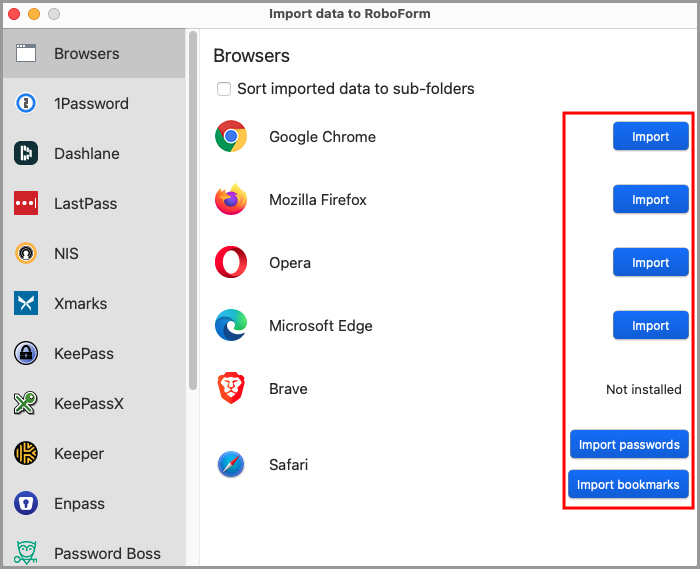 showing the Import dialog in RoboForm Preferences.