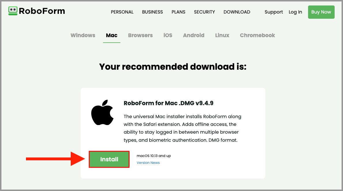 Showing the install button on the RoboForm downloads page for Mac OS.