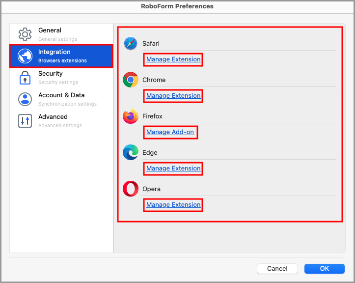 showing the Integration tab on the RoboForm Preferences page.