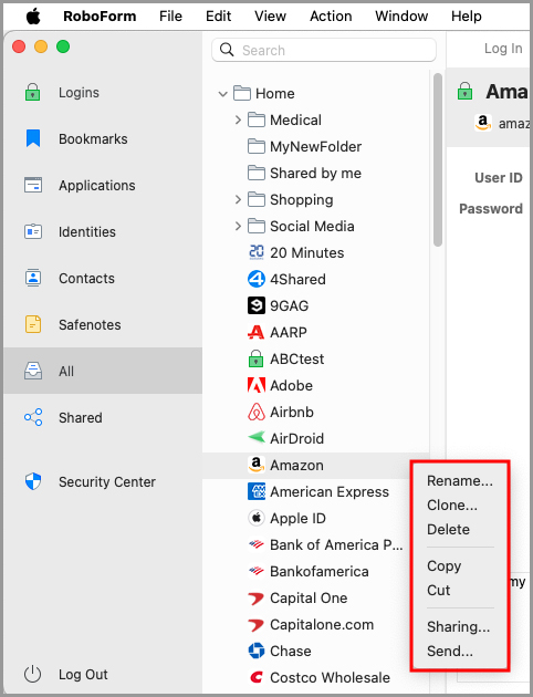 the available options for an item in the RoboForm editor.