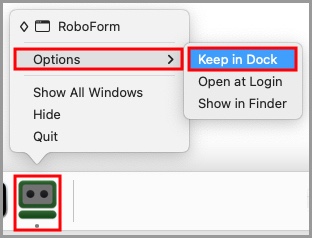 the option to keep the RoboForm editor in your dock.