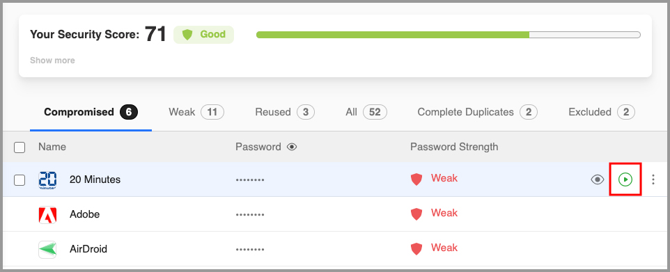 the login button on a compromised password in the Security Center.