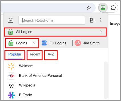 The RoboForm extension’s Logins menu filters.