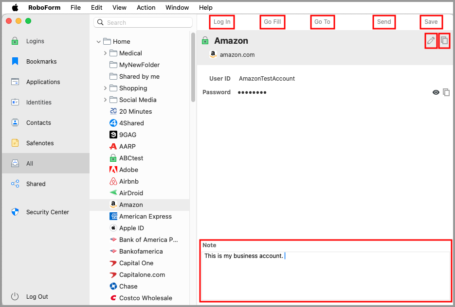 options for a Login in the RoboForm editor.