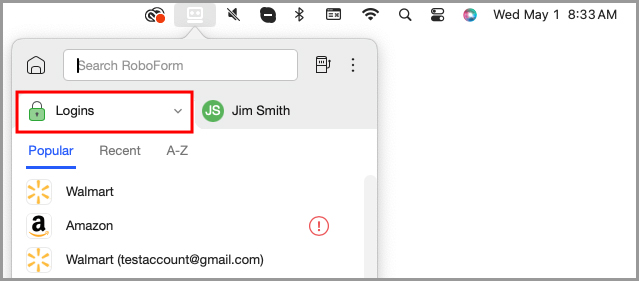 the Logins tab in the RoboForm menu bar icon.