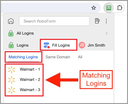 Matching Logins in the Roboform extension.