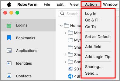 the RoboForm Action menu in the menu bar.