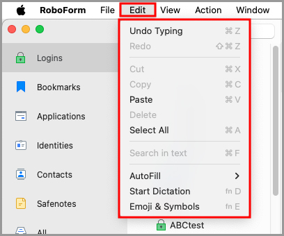 the RoboForm Edit menu in the menu bar.