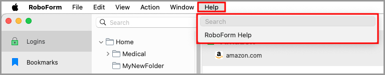 the RoboForm Help menu in the menu bar.