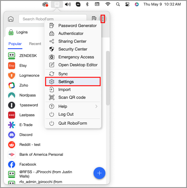 showing how to access Options from the RoboForm menu bar icon’s menu.