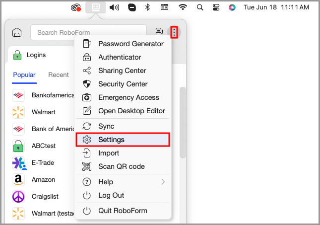 showing how to access Settings from the RoboForm menu bar icon’s menu.