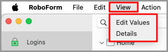 the RoboForm View menu in the menu bar.