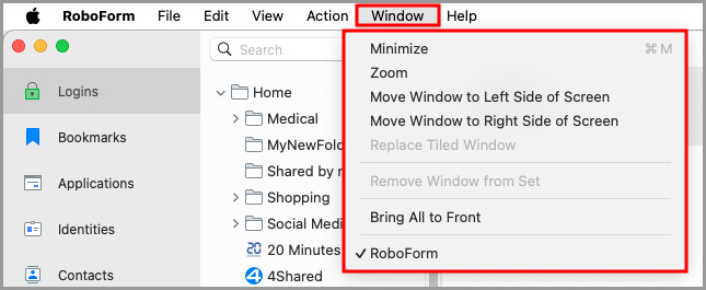 the RoboForm Window menu in the menu bar.