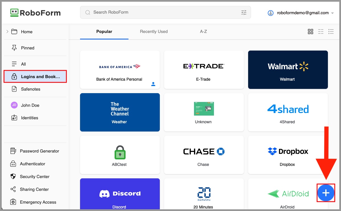 the Create New Login button on the RoboForm Start Page.