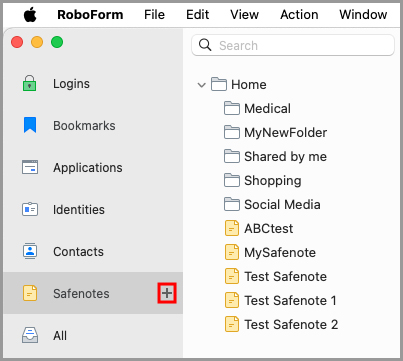 The New Safenote button in the RoboForm editor.