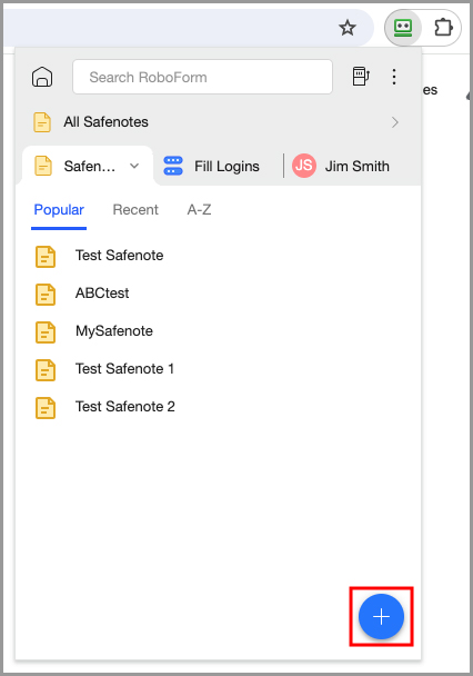 The New Safenote button in the RoboForm extension.