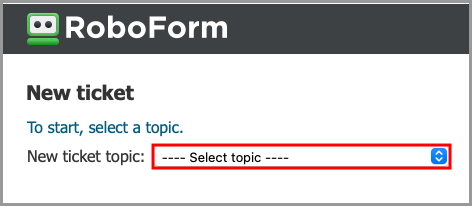 the topic select menu for a RoboForm support ticket.