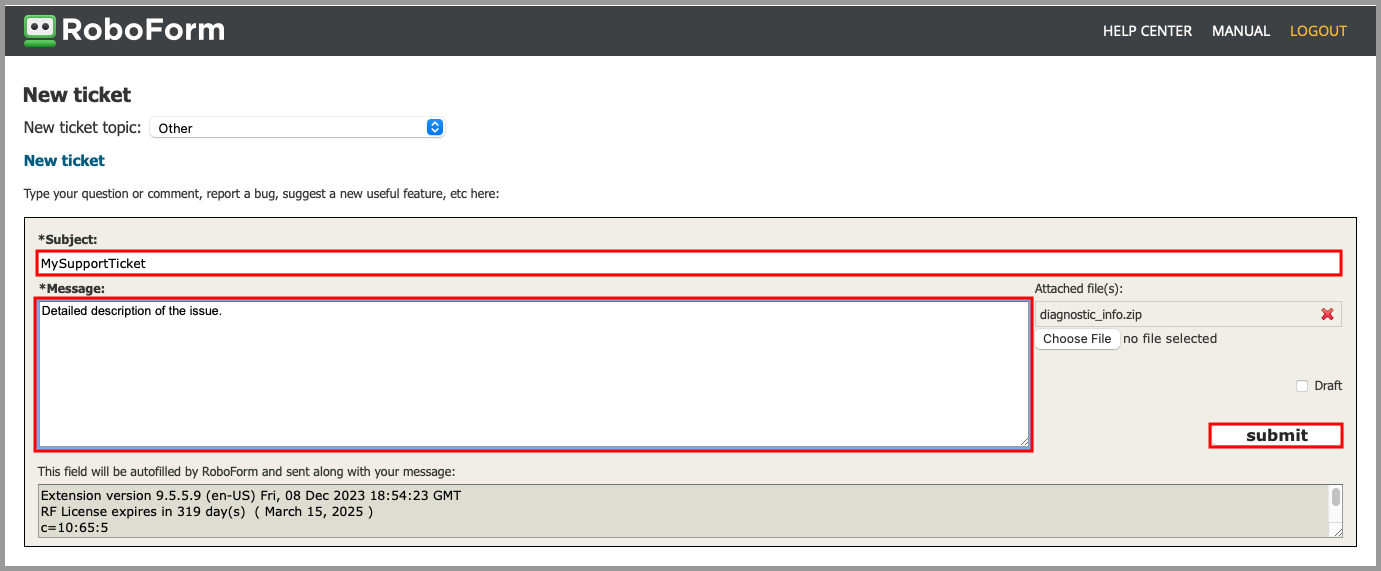 an example support ticket for RoboForm.